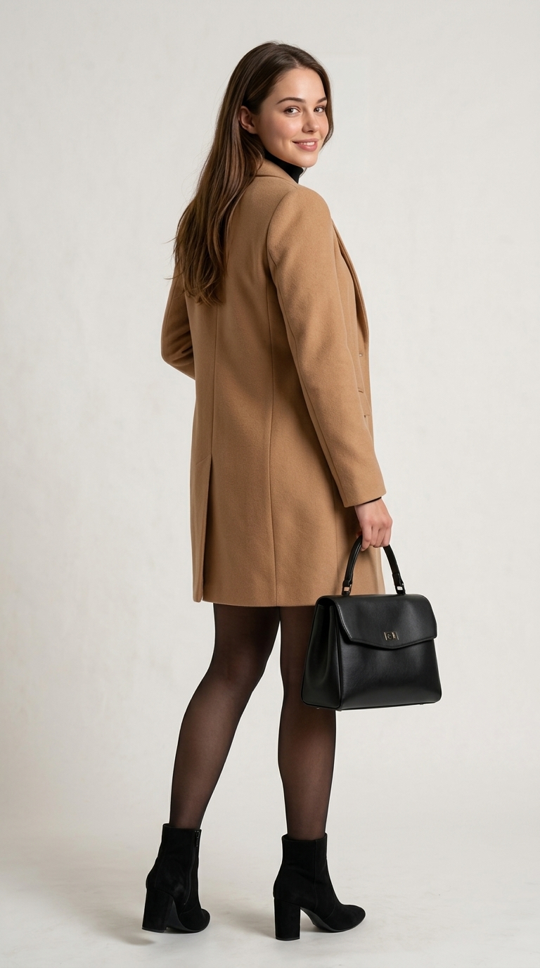 Modelo con abrigo camel, pose detalle