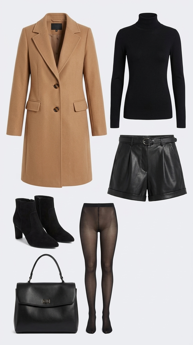 Tarjeta de outfit con abrigo camel, blusa, shorts, botas, medias y bolso